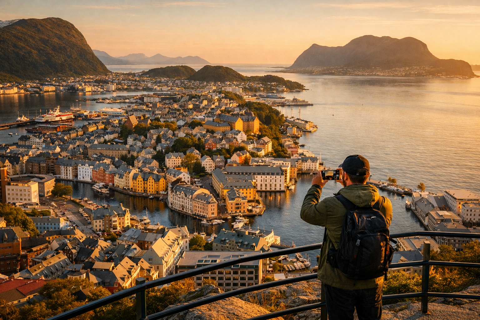 Ålesund city panorama from Aksla Hill – colorful houses and a fjord