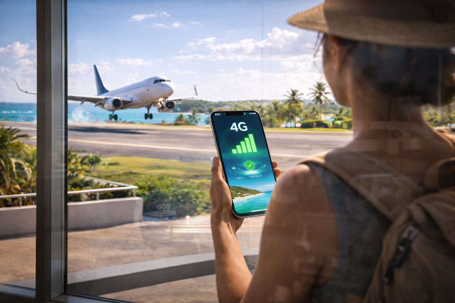 A plane landing at Anguilla Airport through the terminal glass and an active eSIM on a smartphone