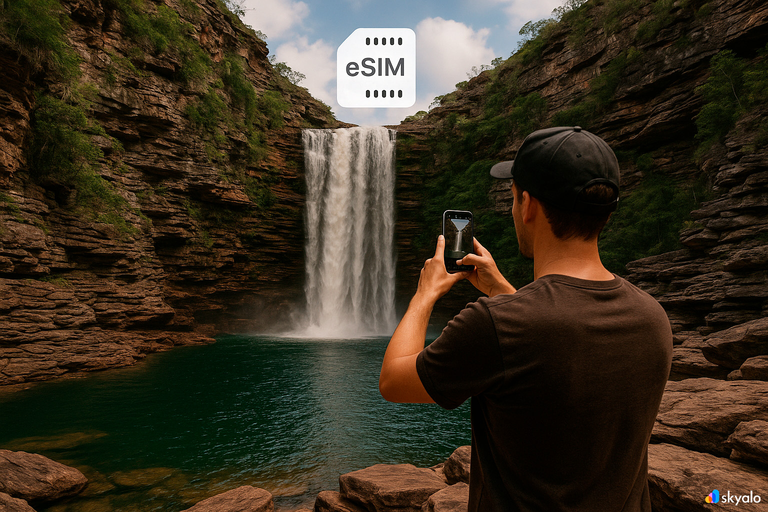 Tourist photographing a waterfall in Chapada Diamantina, smartphone with Skyalo eSIM always online