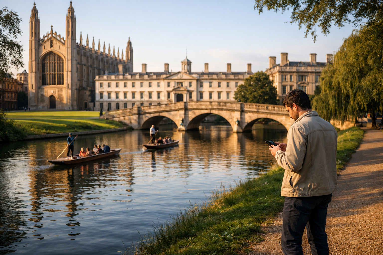 University of Cambridge and a tourist with a smartphone with an eSIM by the River Cam