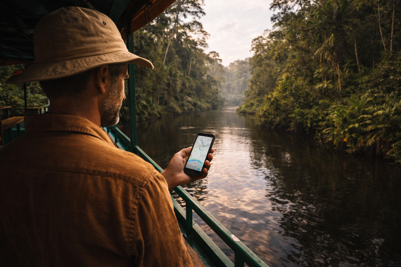 Tanjung Puting National Park and a tourist with a smartphone
