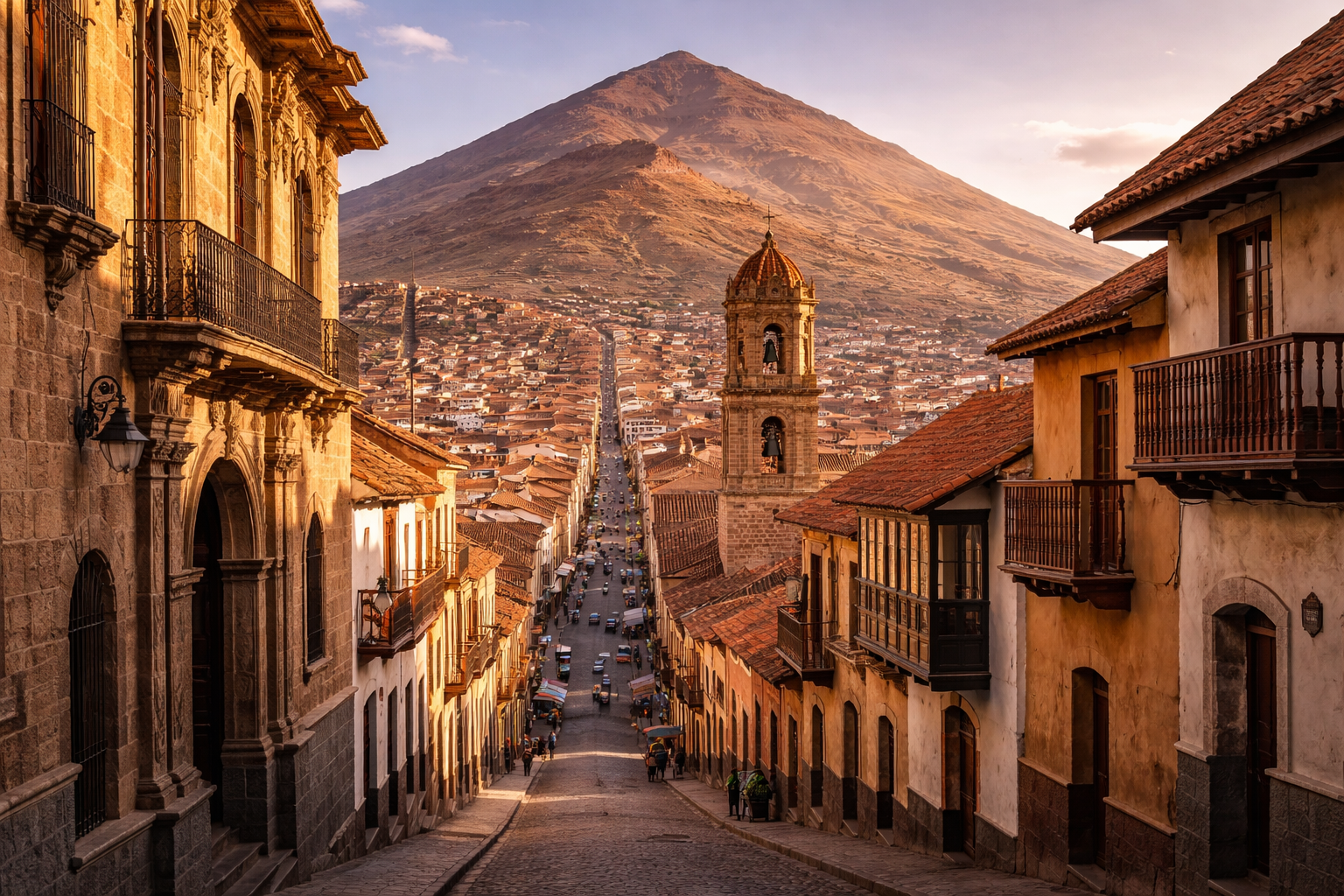 פוטוסי בבוליביה עם אדריכלות קולוניאלית, סביבה עירונית בגובה רב והר סרו ריקו ברקע.