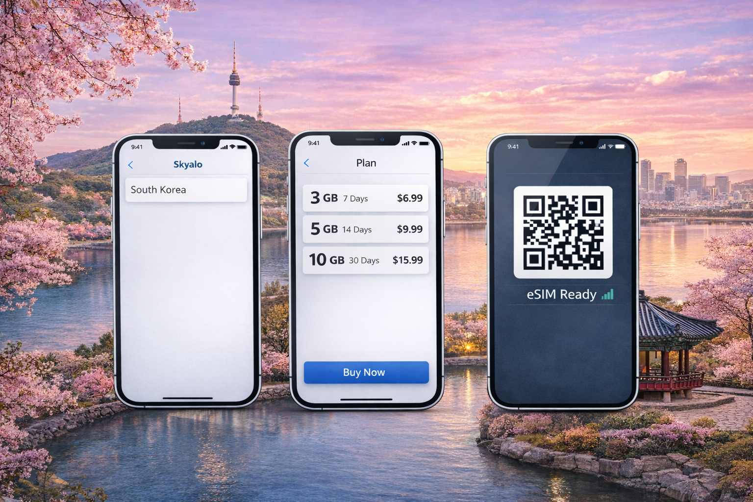 Smartfony z eSIM do Korei Południowej na tle krajobrazu Seulu z wieżą N Seoul Tower i kwitnącą wiśnią o zachodzie słońca