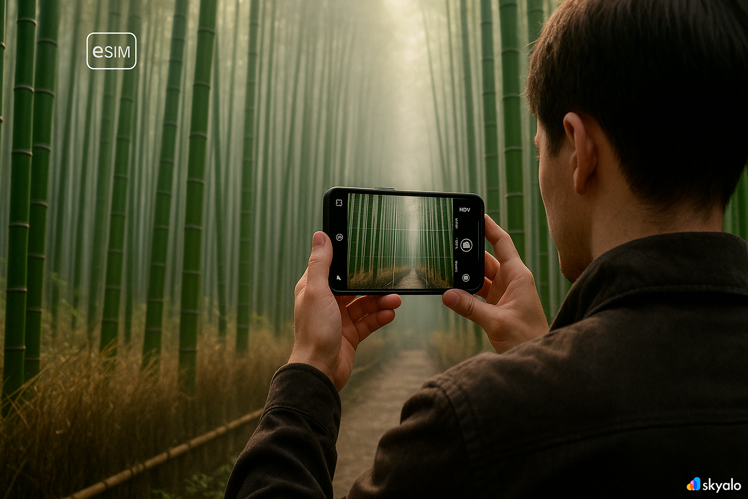Arashiyama bamboo grove, green stalks rising sky-high, sharing photos instantly via eSIM