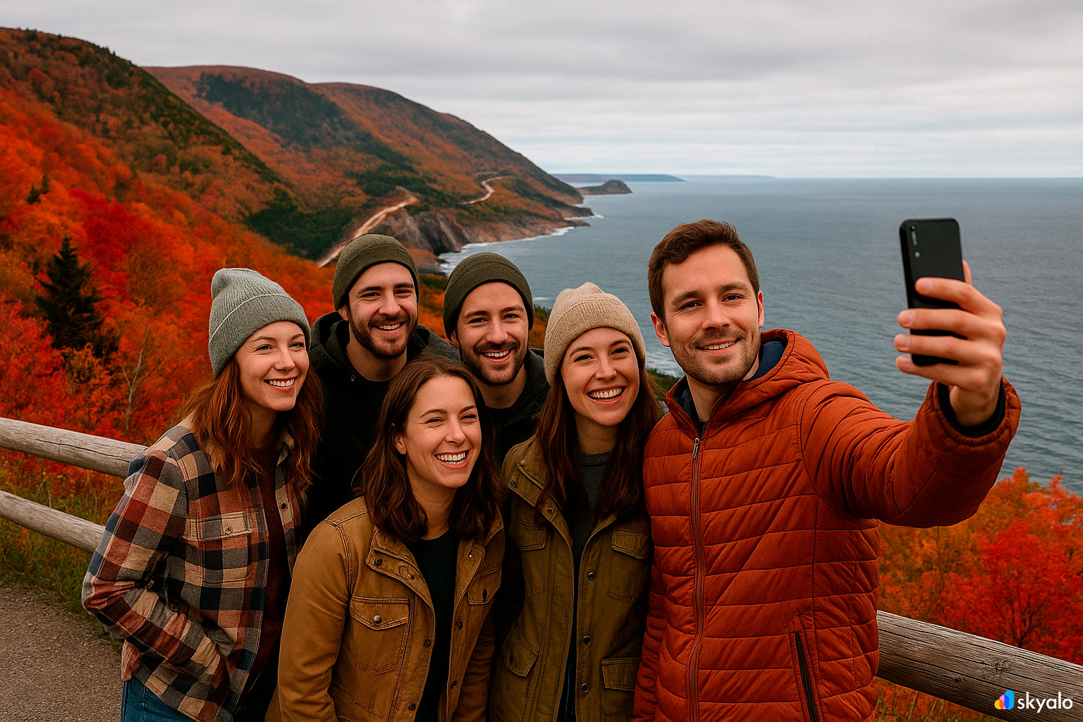 Friends at Cabot Trail lookout; live-stream via eSIM by Skyalo, scarlet slopes and blue ocean arc below
