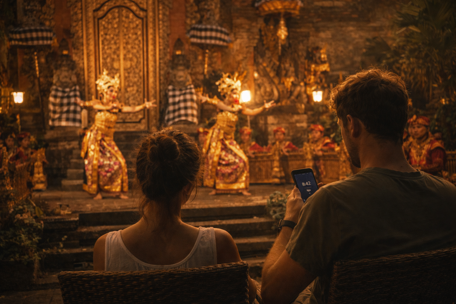 Ubud Palace with an evening performance and a smartphone in the frame