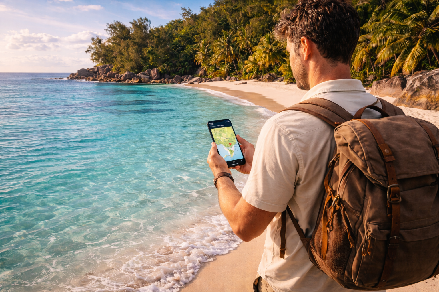 شاطئ آنس جورجيت بالرمال البيضاء والمياه الفيروزية، ومسافر يتحقق من المسار عبر eSIM