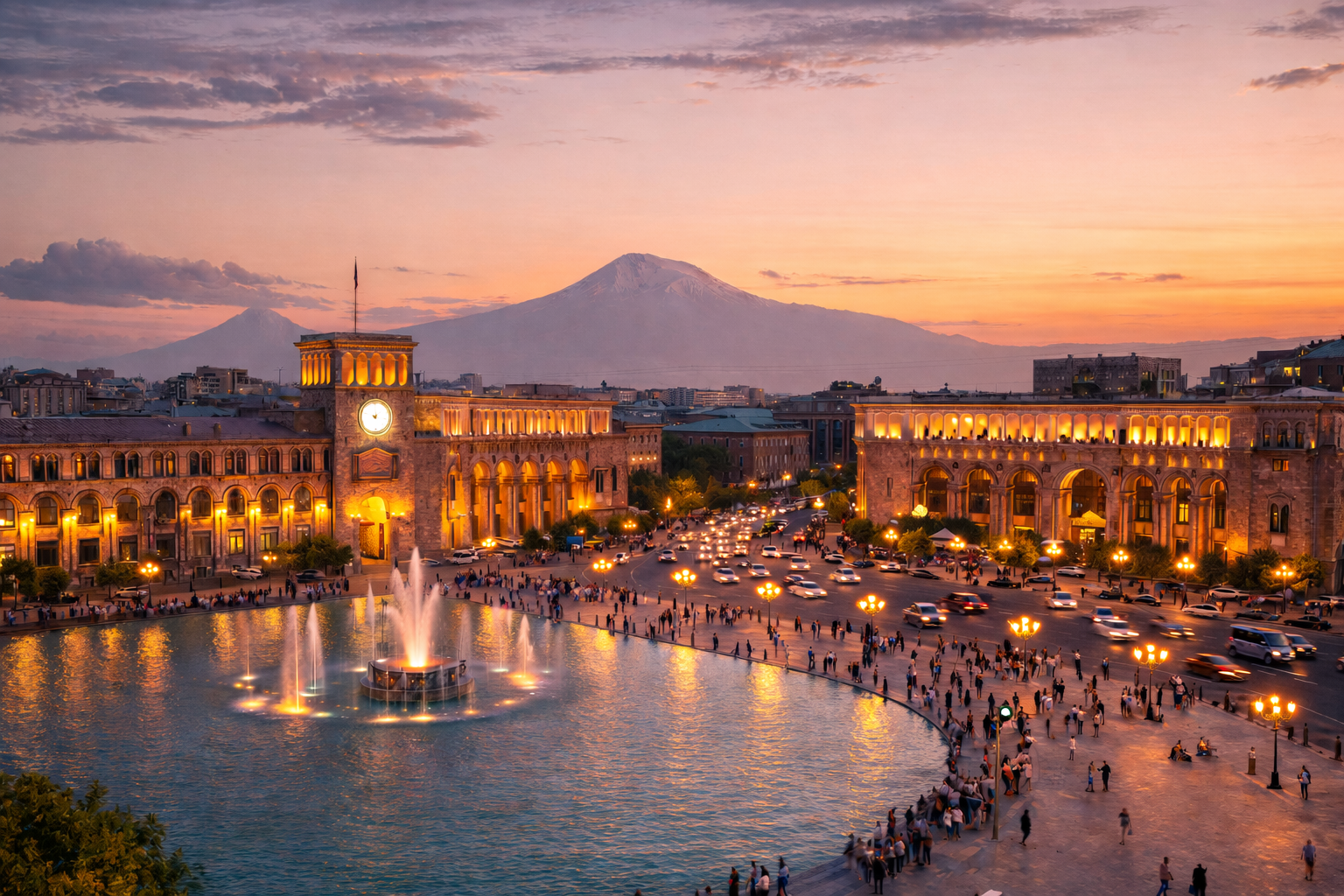 Republic Square in Yerevan at sunset with a view of Mount Ararat