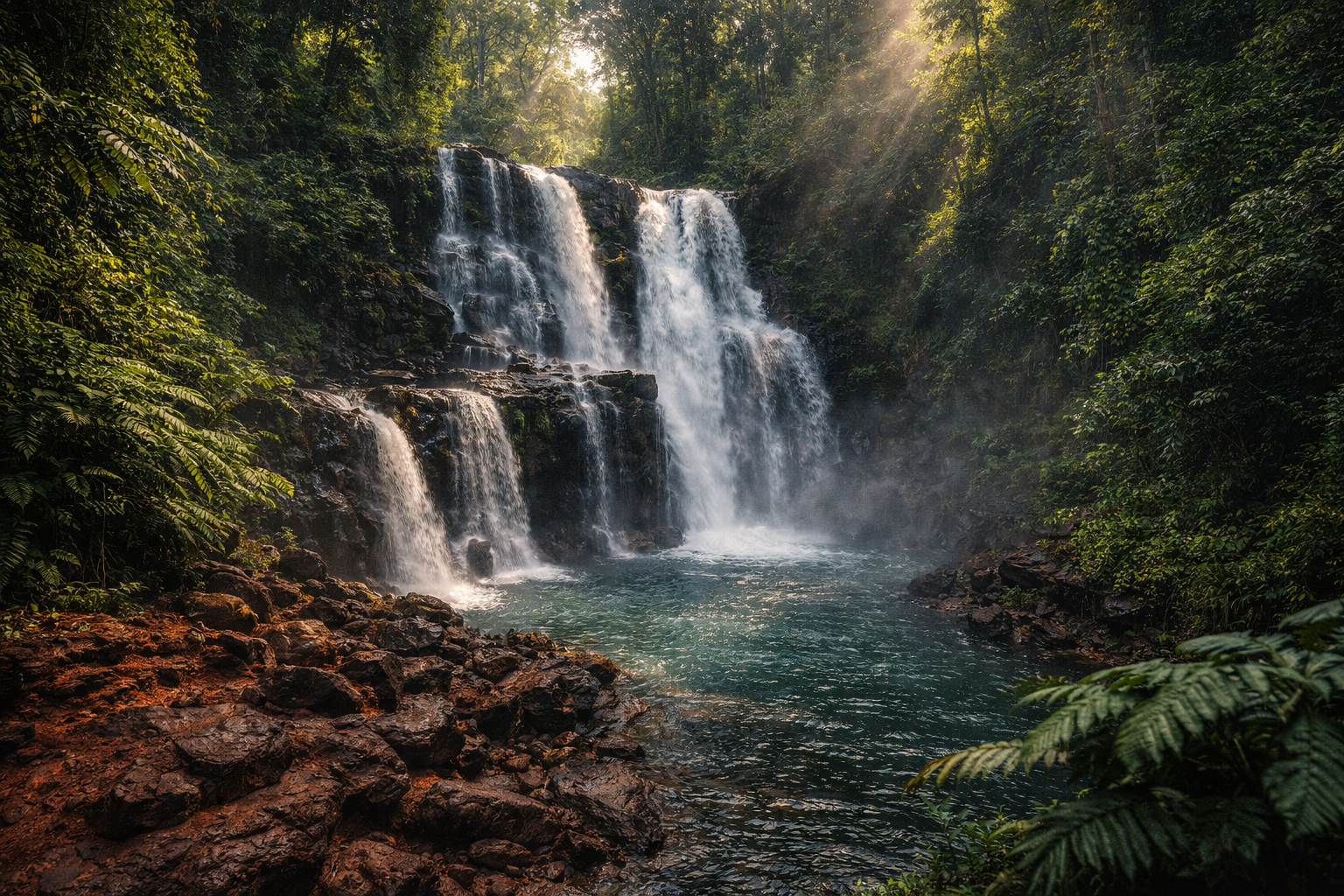 A waterfall in Ratanakiri amid tropical jungle and red earth