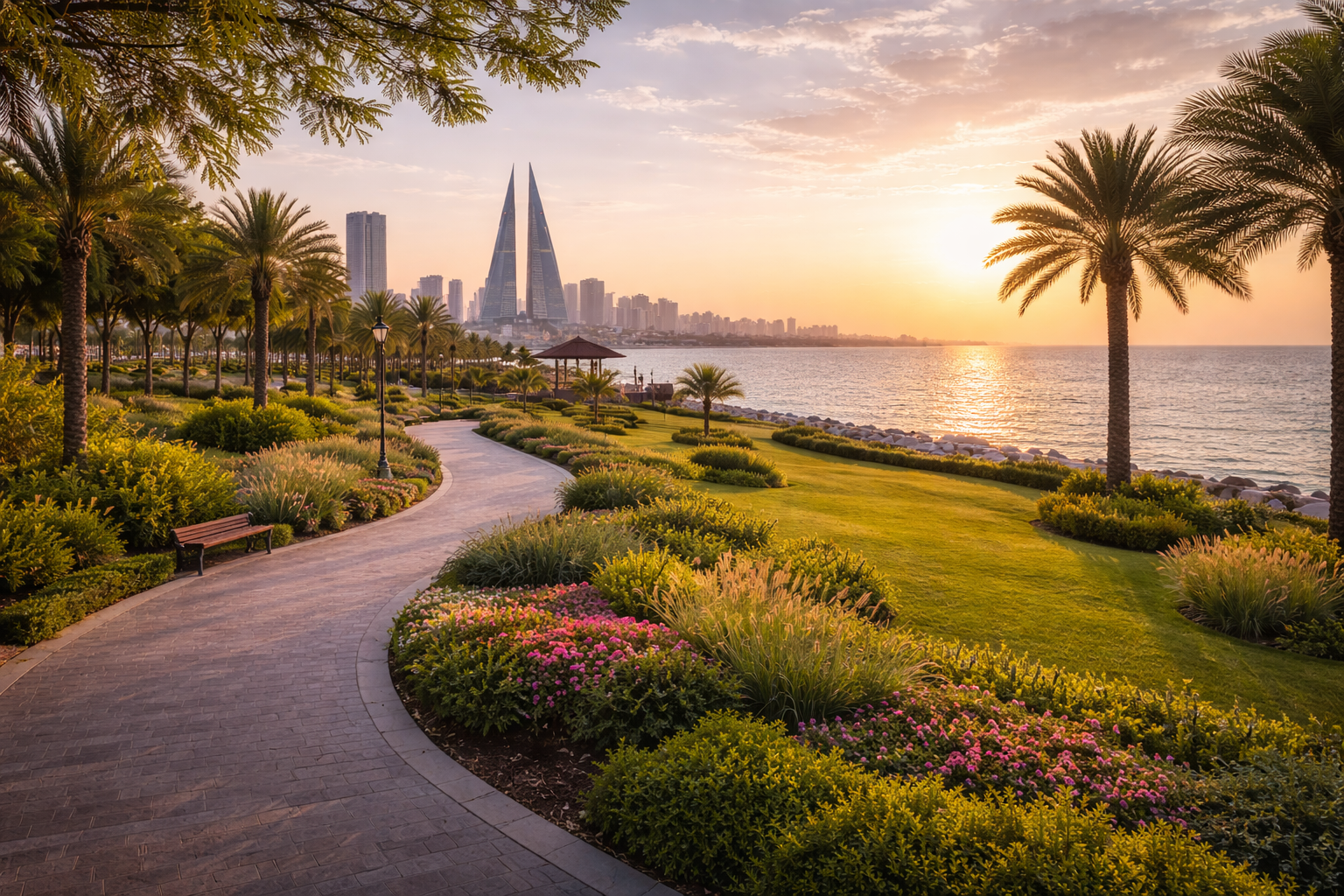 פארק ליד הים בבחריין עם אזורי ירק ונוף למים