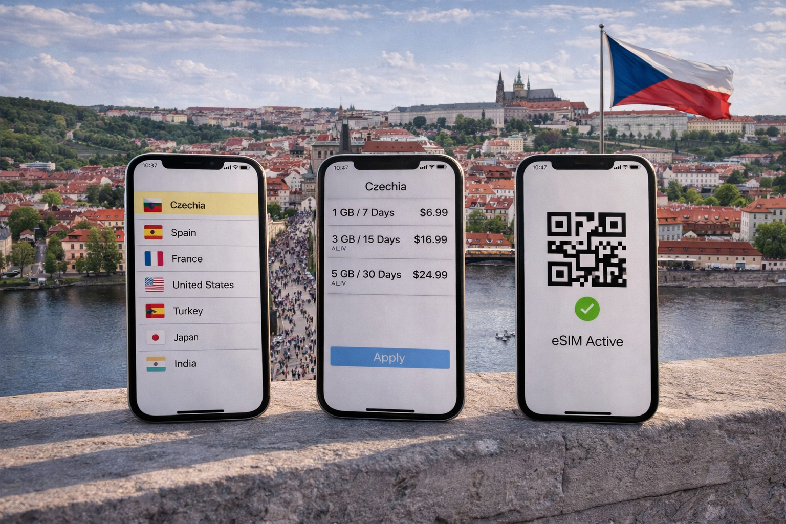 eSIM per la Repubblica Ceca nell’app Skyalo su smartphone, sullo sfondo della panoramica di Praga e del Castello di Praga.