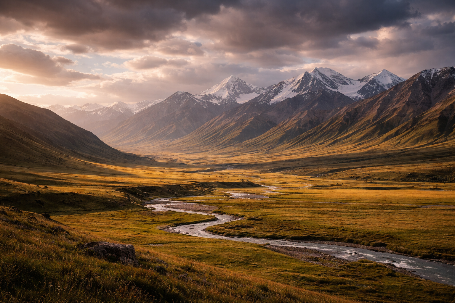 עמק אלאי עם מרחבים פתוחים והרים
