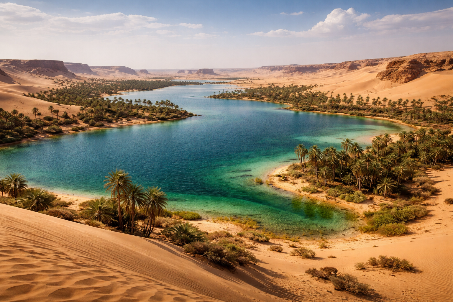 אגמי אוניאנגה עם מים בצבע עז בין חולות הסהרה