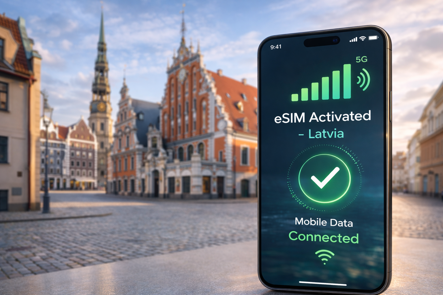 A smartphone with an activated eSIM against the backdrop of Riga’s Old Town in Latvia