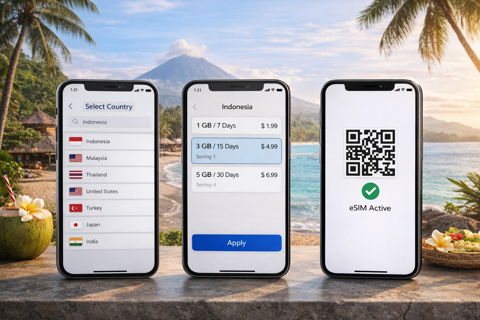 Three smartphones activating an Indonesia eSIM against a tropical beach and volcano backdrop